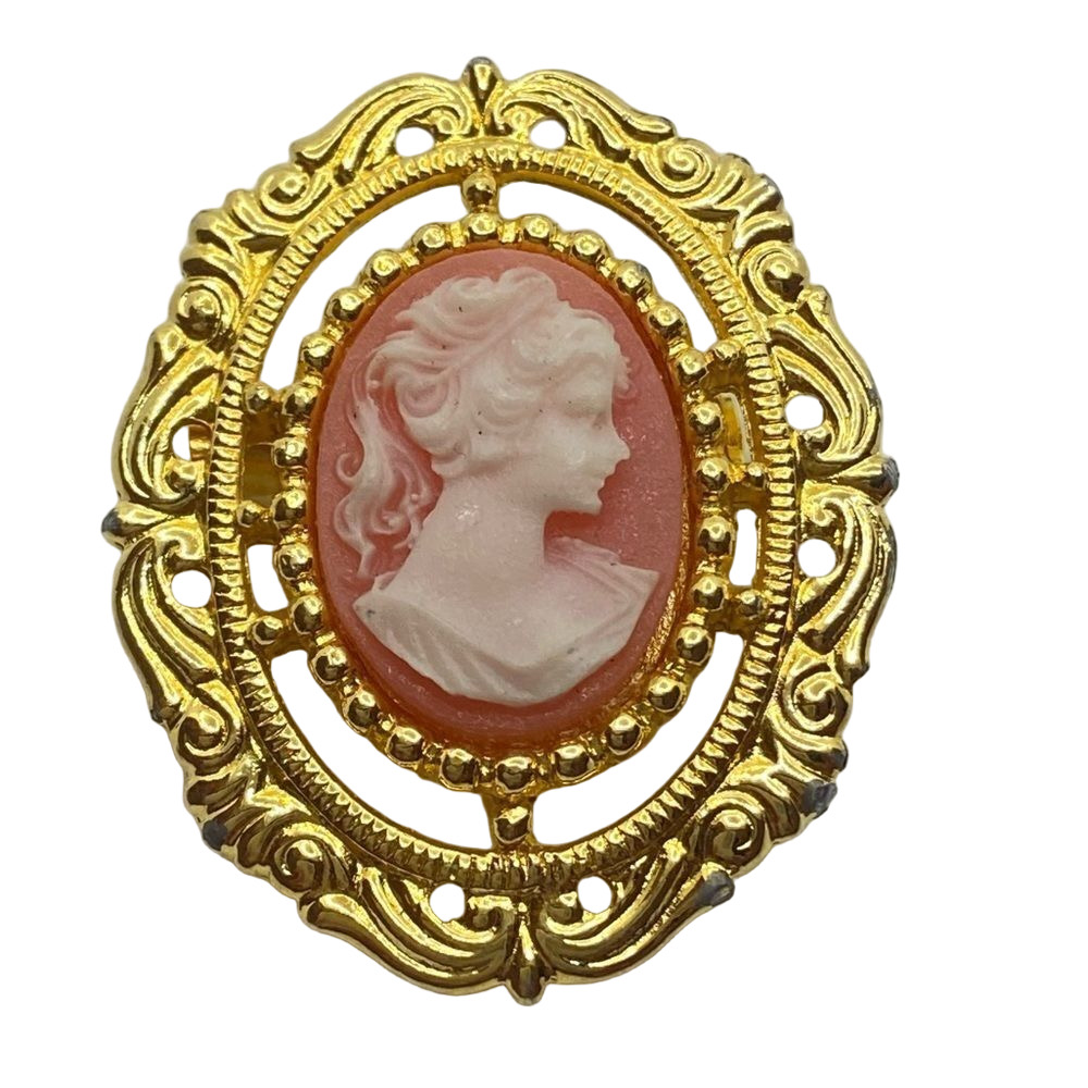 Gold tone, rose, and cream and Victorian style cameo brooch pin
